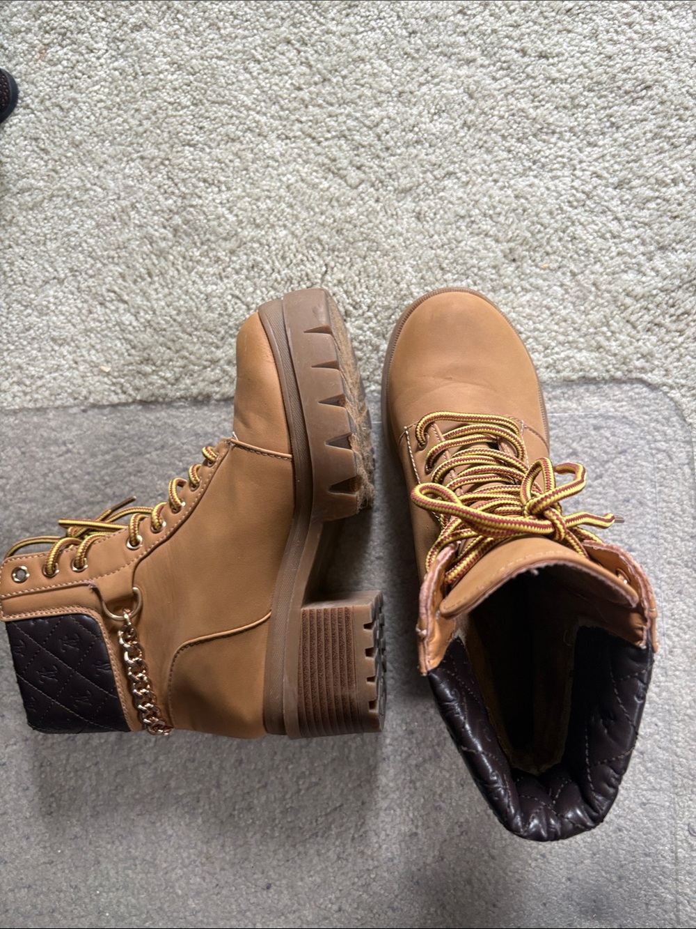 Juicy Couture Tan Lace-Up Chunky Heel Combat Boots with Quilted Collar